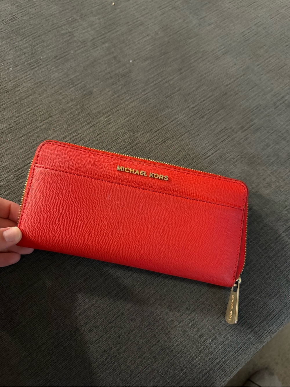 Michael Kors Bright Red Saffiano Zip Wallet with Gold Hardware